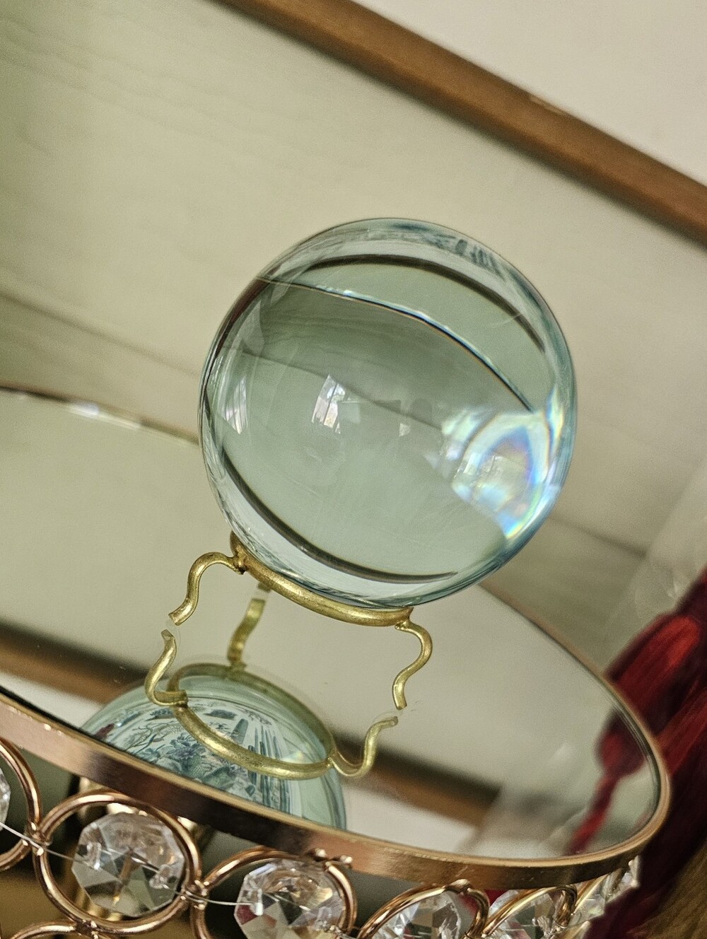Subtle Smoky Green Scrying (80mm) Crystal Ball w/Gold Stand - Picture 3 of 4